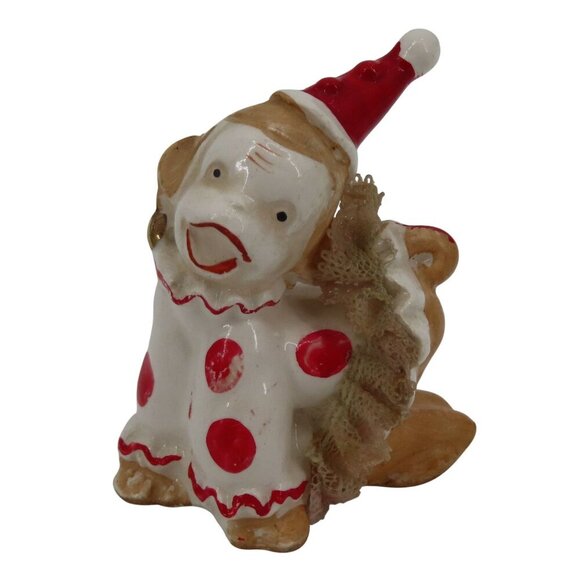 Vintage Circus Clown Monkey Ceramic Figurine 2.6in Red Polka Dot Tutu Skirt Hat - Picture 1 of 9